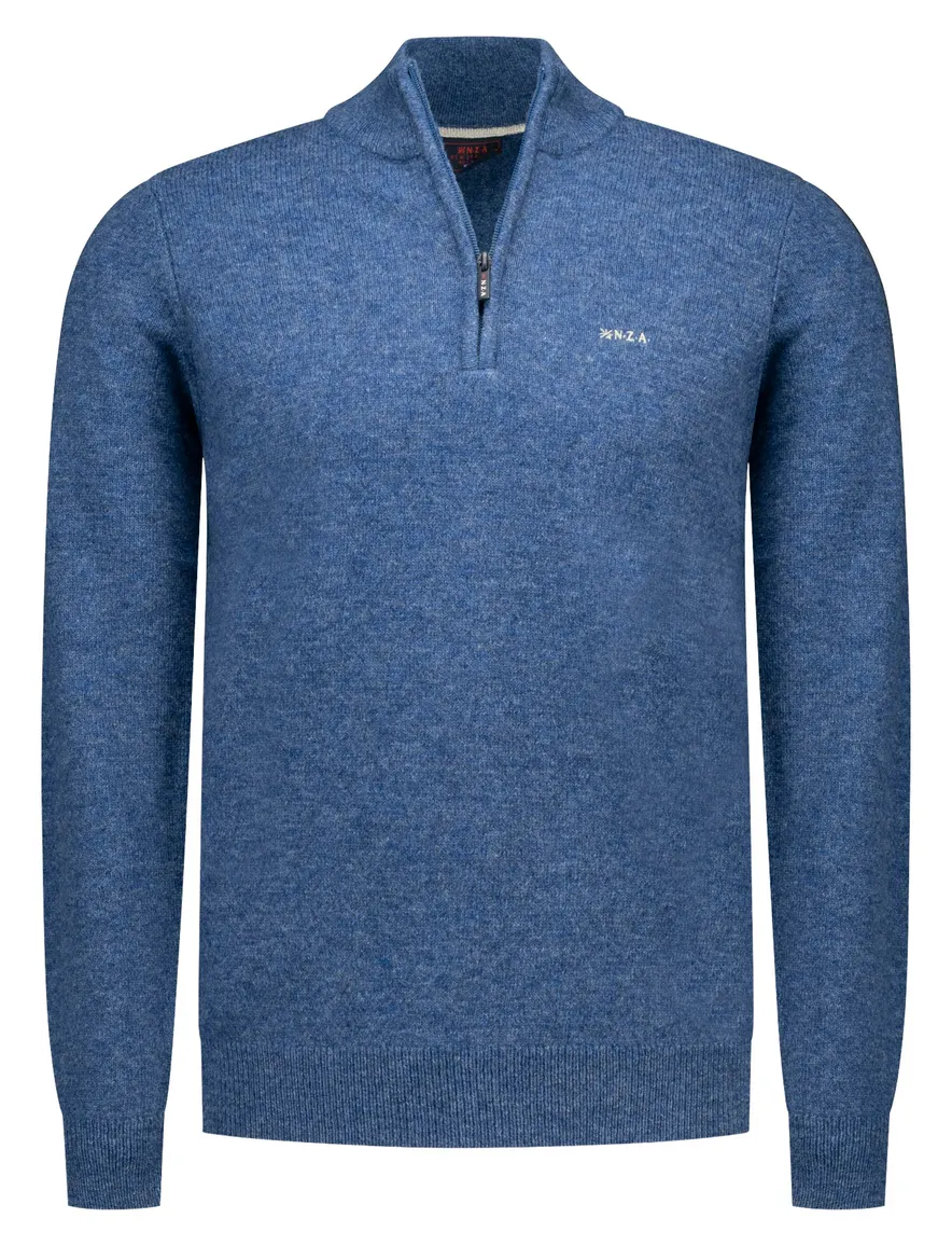 Blauwe trui New Zealand half zip gebreid