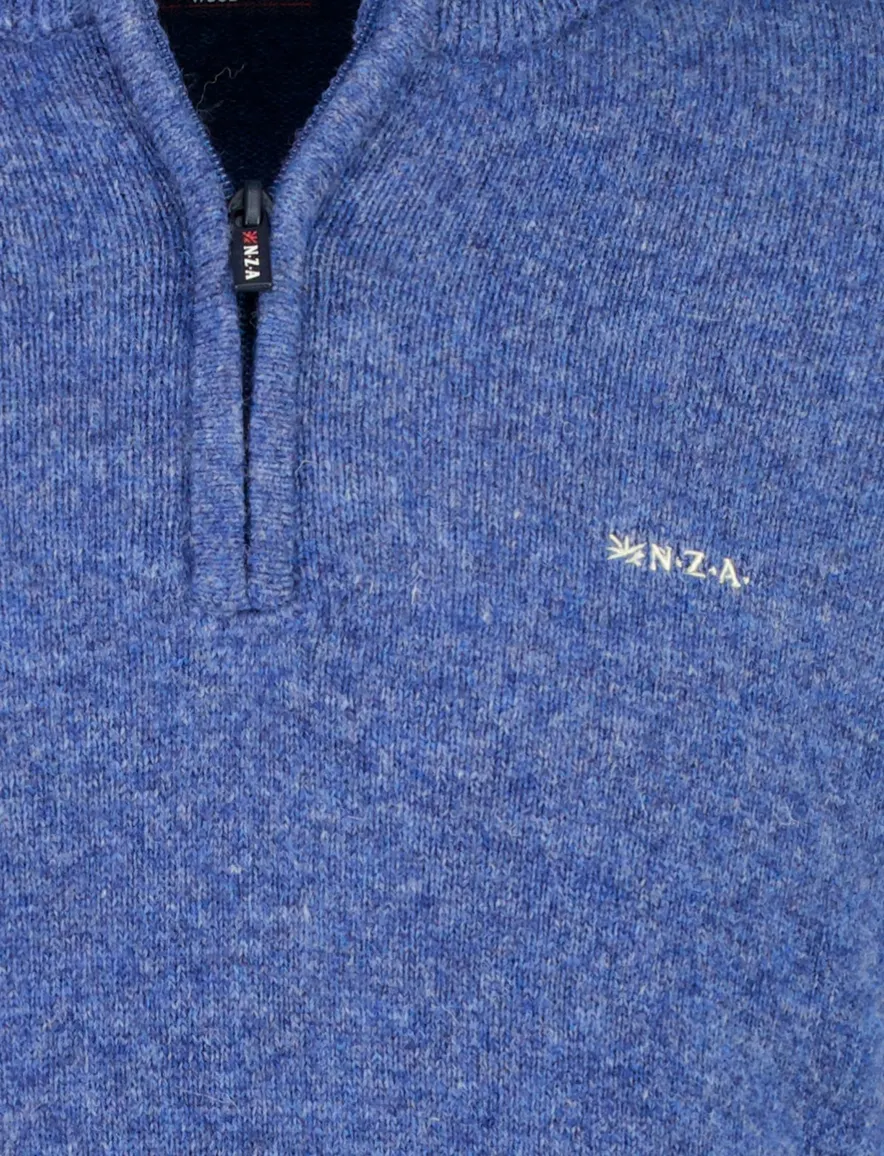Blauwe trui New Zealand half zip gebreid