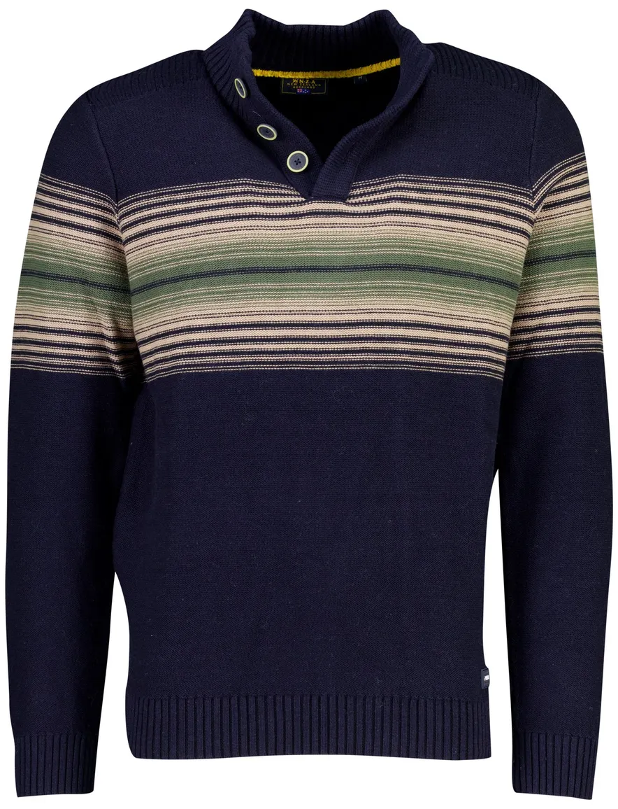 New Zealand trui half zip donkerblauw gestreept met knopen