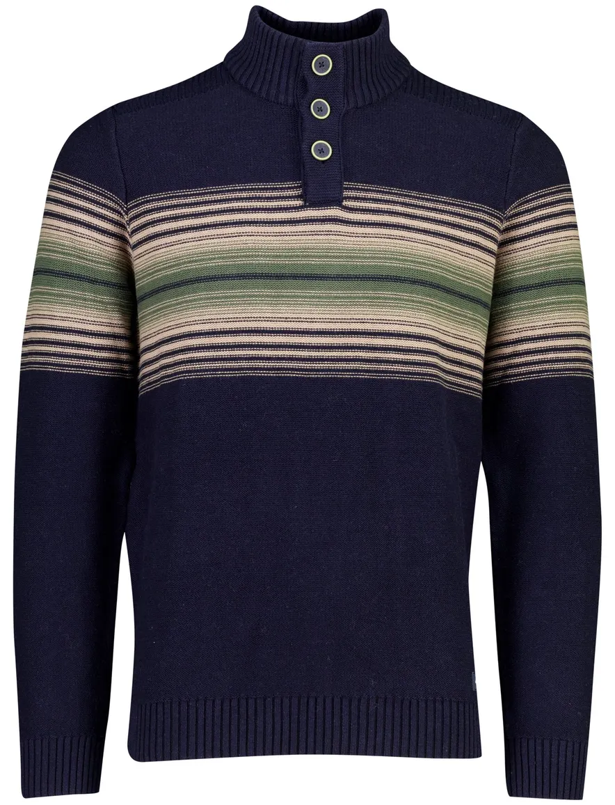 New Zealand trui half zip donkerblauw gestreept met knopen