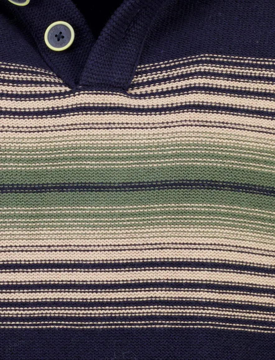 New Zealand trui half zip donkerblauw gestreept met knopen
