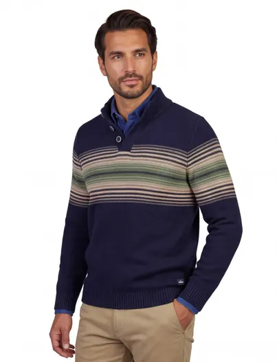 New Zealand New Zealand trui half zip donkerblauw gestreept met knopen