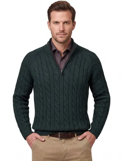 New Zealand New Zealand trui half zip donkergroen grof gebreid