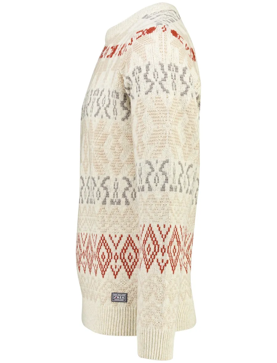 New Zealand trui beige geprint grof gebreid
