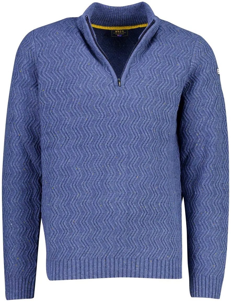 New Zealand half zip trui blauw gemeleerd grof gebreid