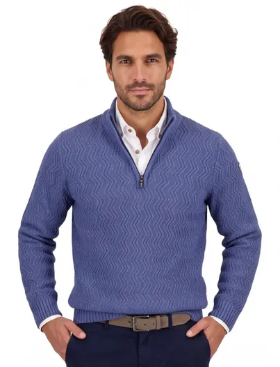 New Zealand New Zealand half zip trui blauw gemeleerd grof gebreid