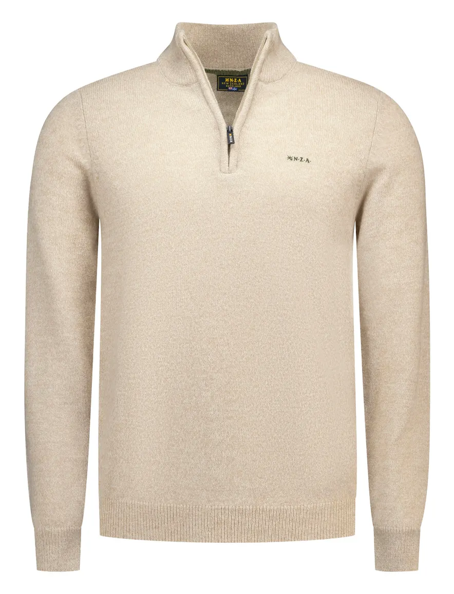 Beige trui New Zealand half zip gebreid