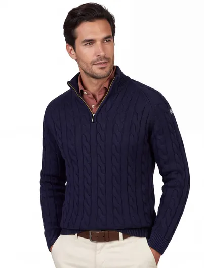 New Zealand New Zealand trui half zip donkerblauw grof gebreid
