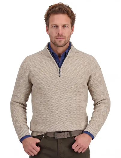 New Zealand New Zealand trui half zip beige gemeleerd grof gebreid