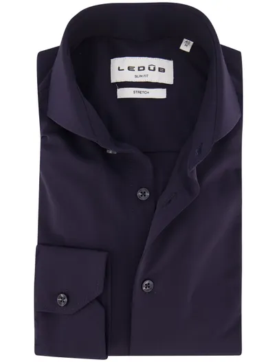 Ledub Ledub Slim Fit overhemd donkerblauw stretch strijkvrij