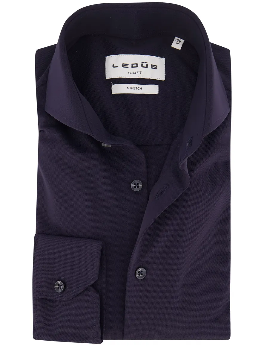 Ledub Slim Fit overhemd donkerblauw stretch strijkvrij