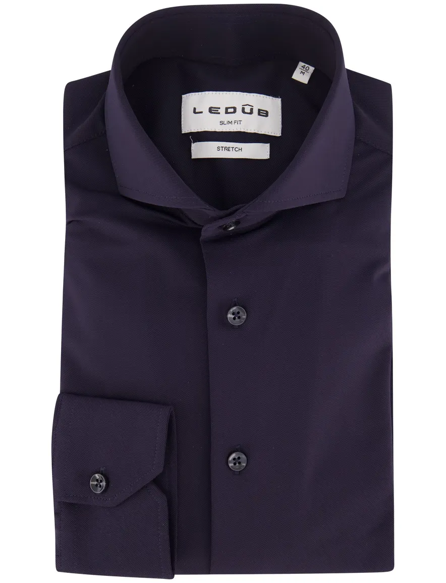 Ledub Slim Fit overhemd donkerblauw stretch strijkvrij