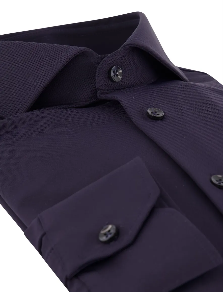 Ledub Slim Fit overhemd donkerblauw stretch strijkvrij