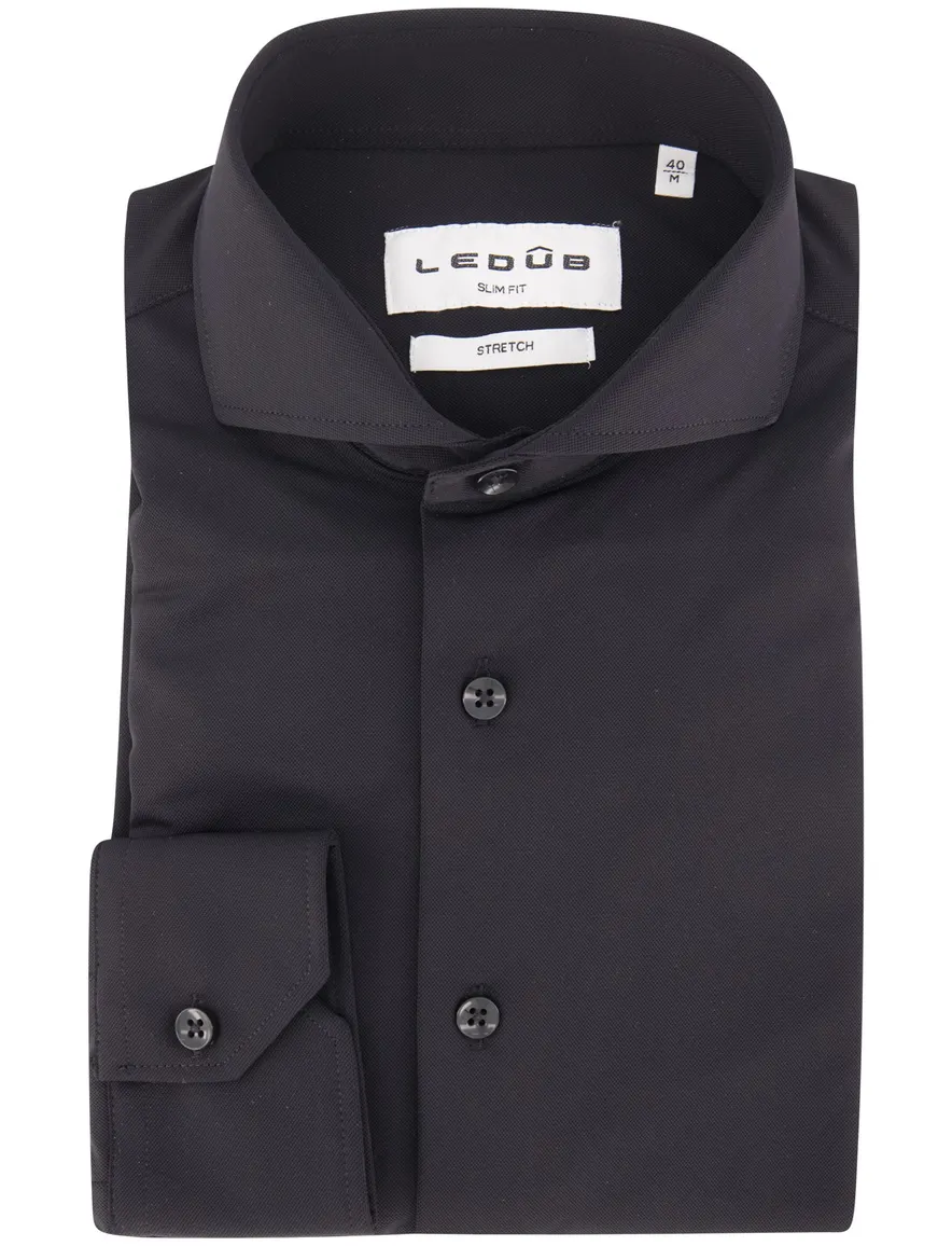 Ledub Slim Fit overhemd zwart stretch strijkvrij