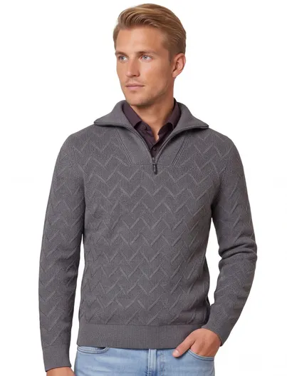 Brax Brax trui half zip grijs grof gebreid