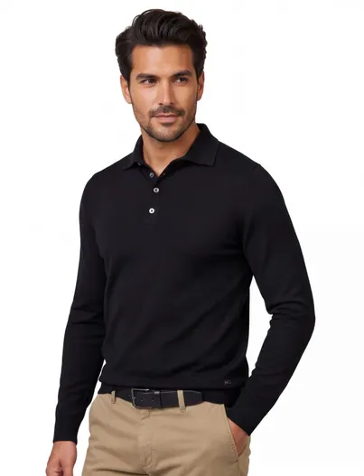 Born With Appetite Born With Appetite poloshirt zwart gebreid merinowol