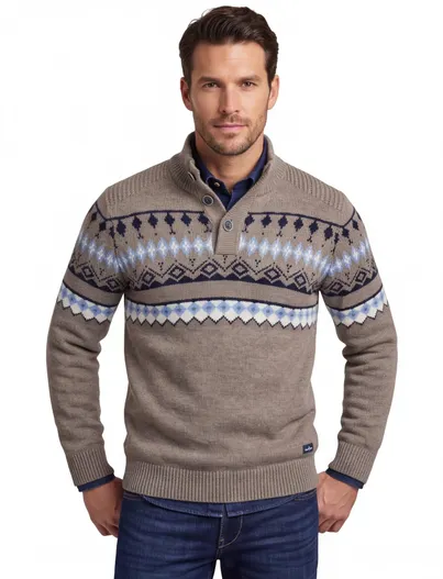 New Zealand New Zealand trui bruin gemeleerd Half zip knopen