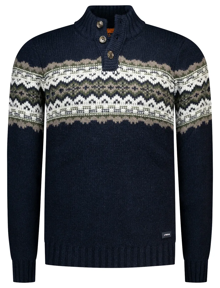 New Zealand trui navy gemeleerd half zip knopen