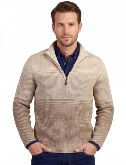 New Zealand New Zealand trui half zip crème gestreept grof gebreid