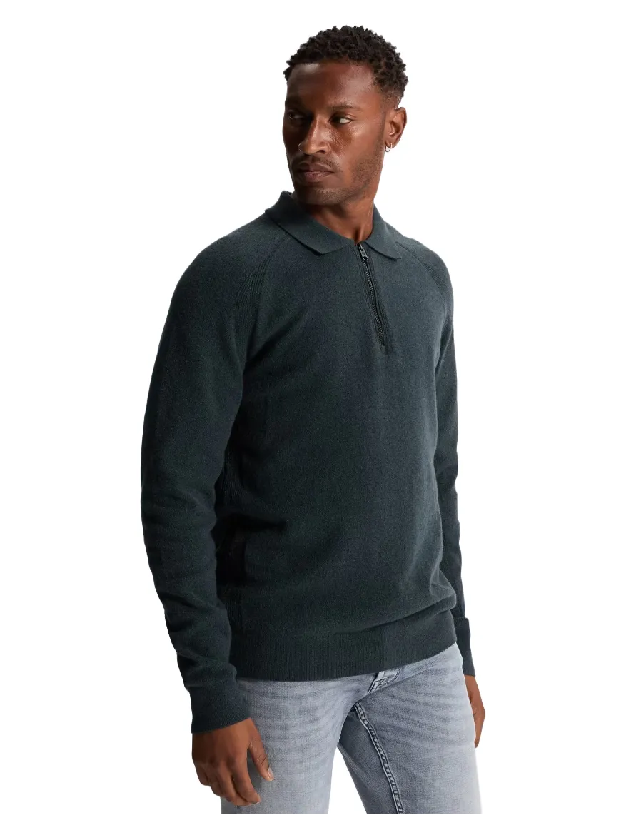 Cast Iron trui donkerblauw gebreid half zip