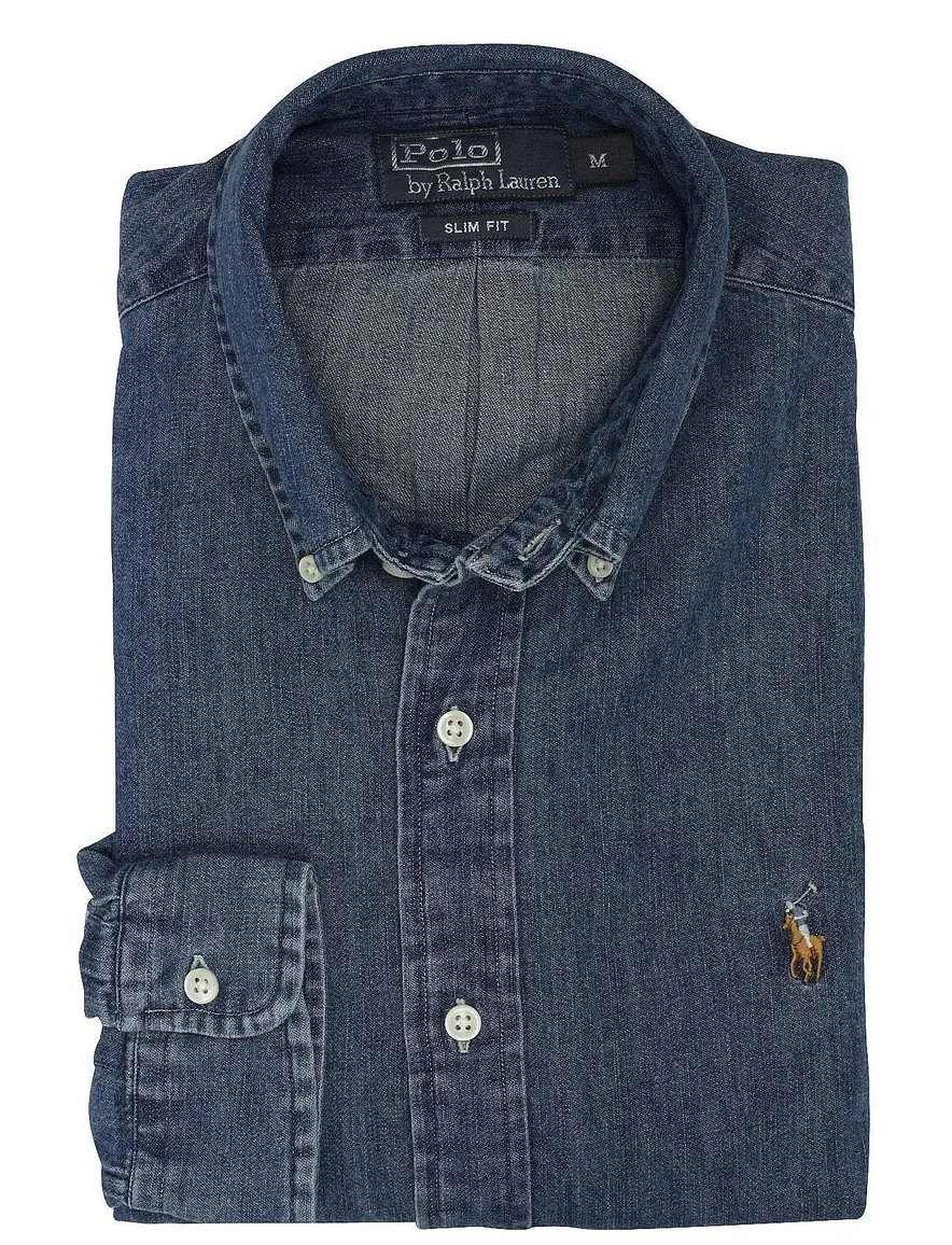 Polo Ralph Lauren casual overhemd slim fit blauw effen denim