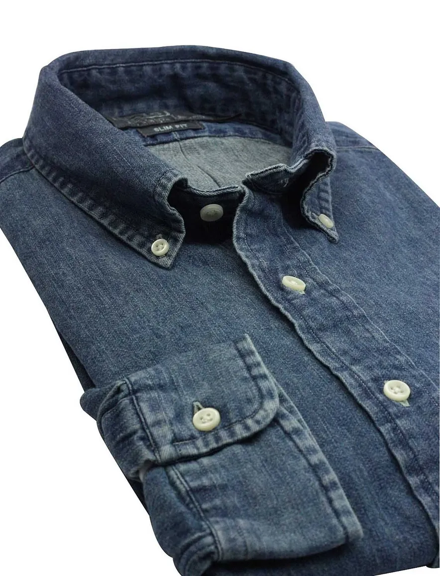Polo Ralph Lauren casual overhemd slim fit blauw effen denim