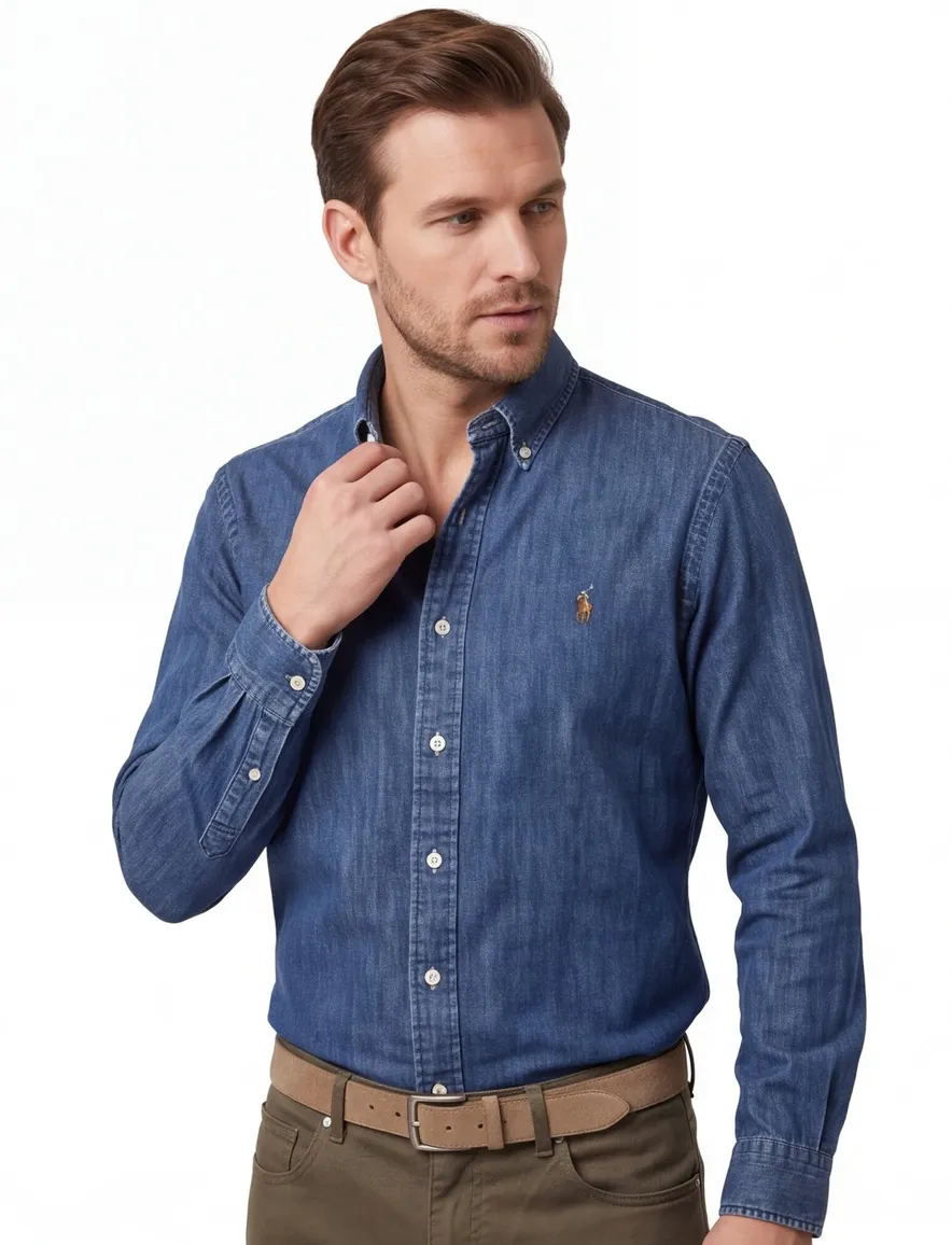 casual overhemd Polo Ralph Lauren blauw effen denim slim fit