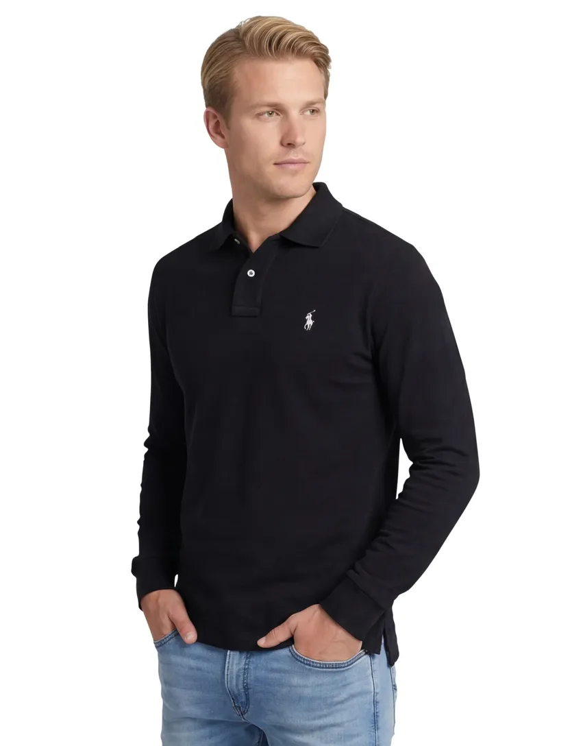 Polo Ralph Lauren polo Custom Slim Fit zwart effen katoen normale fit
