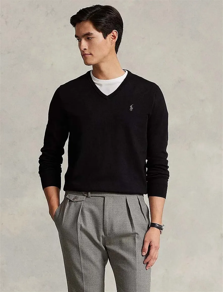 Ralph Lauren trui v-hals Slim Fit katoen zwart