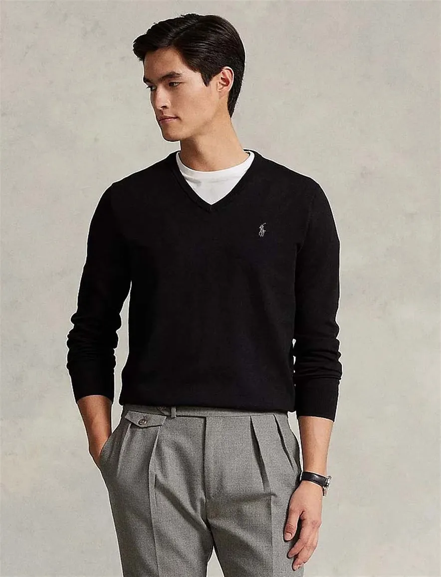 Ralph Lauren trui v-hals Slim Fit katoen zwart