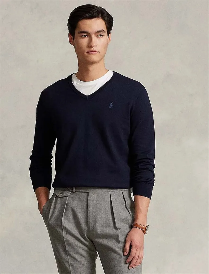 Ralph Lauren trui Slim Fit donkerblauw v-hals