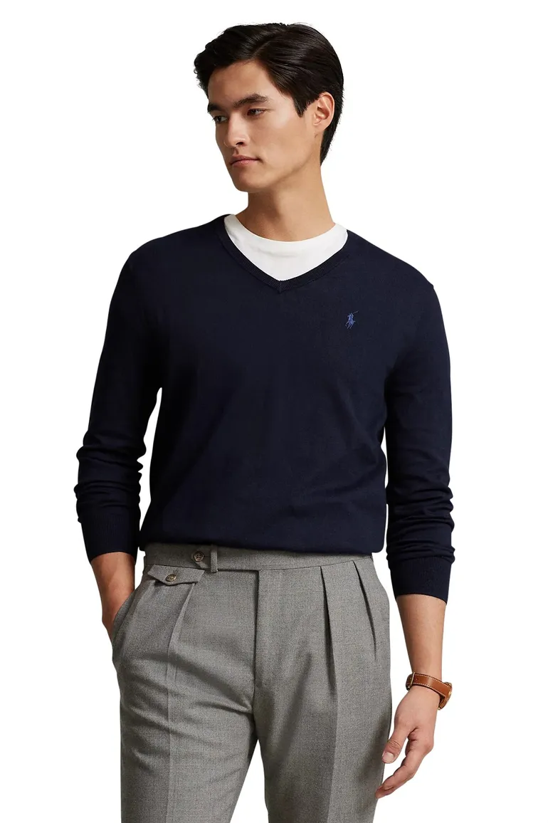 Ralph Lauren trui Slim Fit donkerblauw v-hals