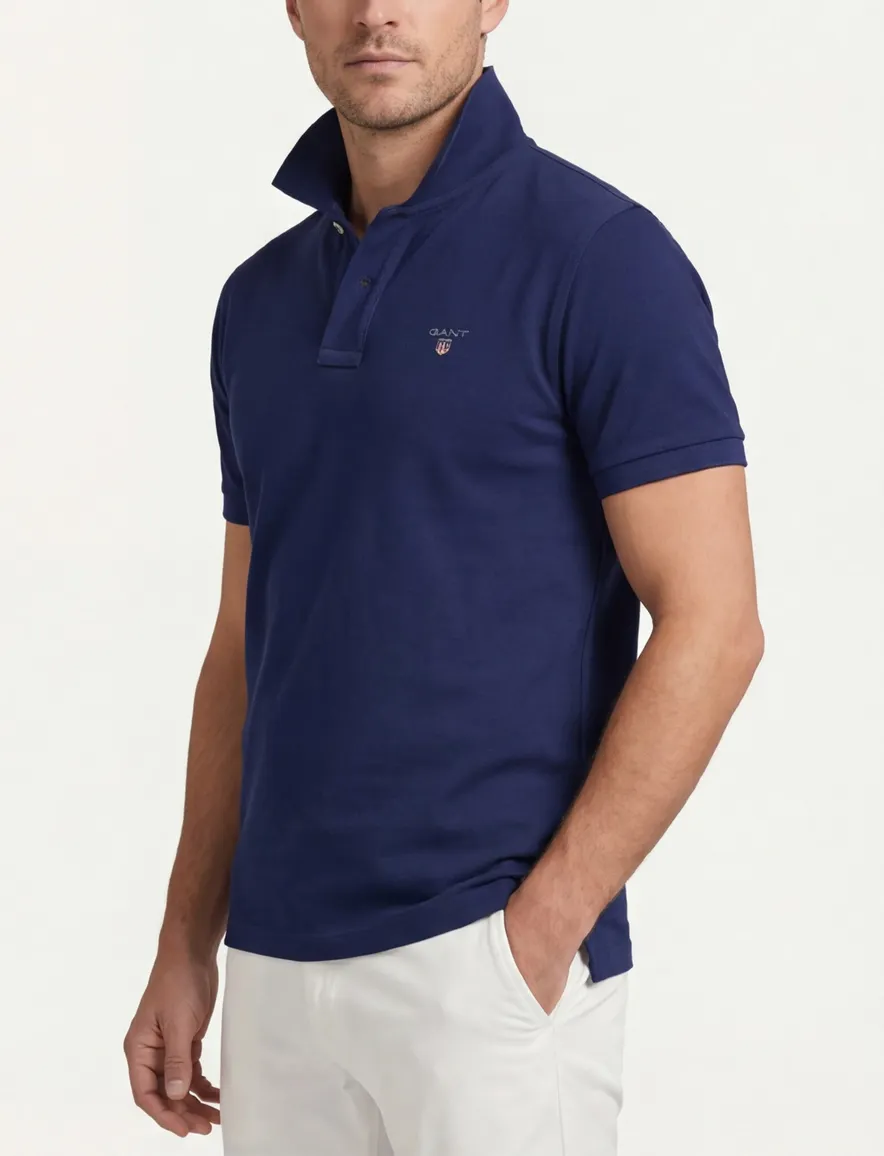 polo Gant donkerblauw effen katoen wijde fit