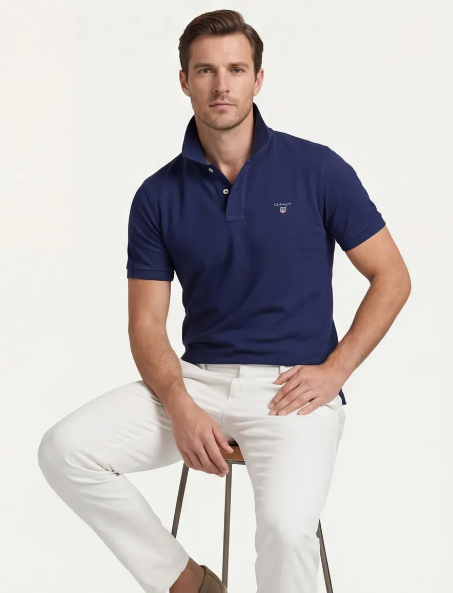polo Gant donkerblauw effen katoen wijde fit