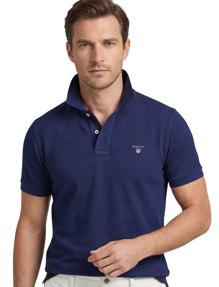 polo Gant donkerblauw effen katoen wijde fit