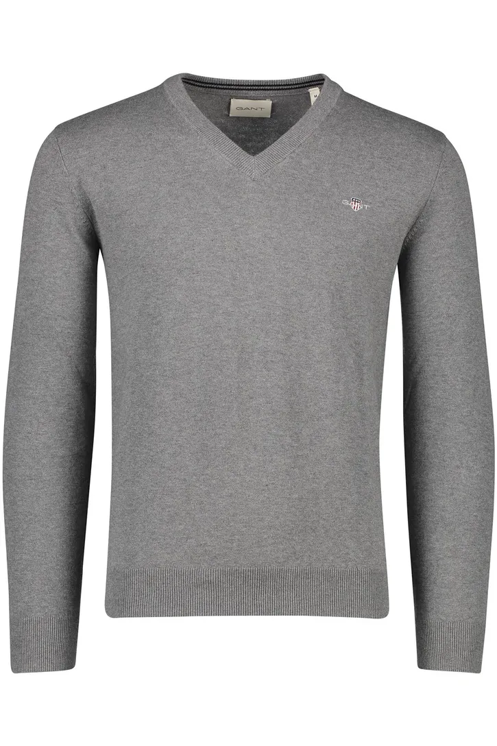 Katoenen Gant sweater v-hals effen grijs