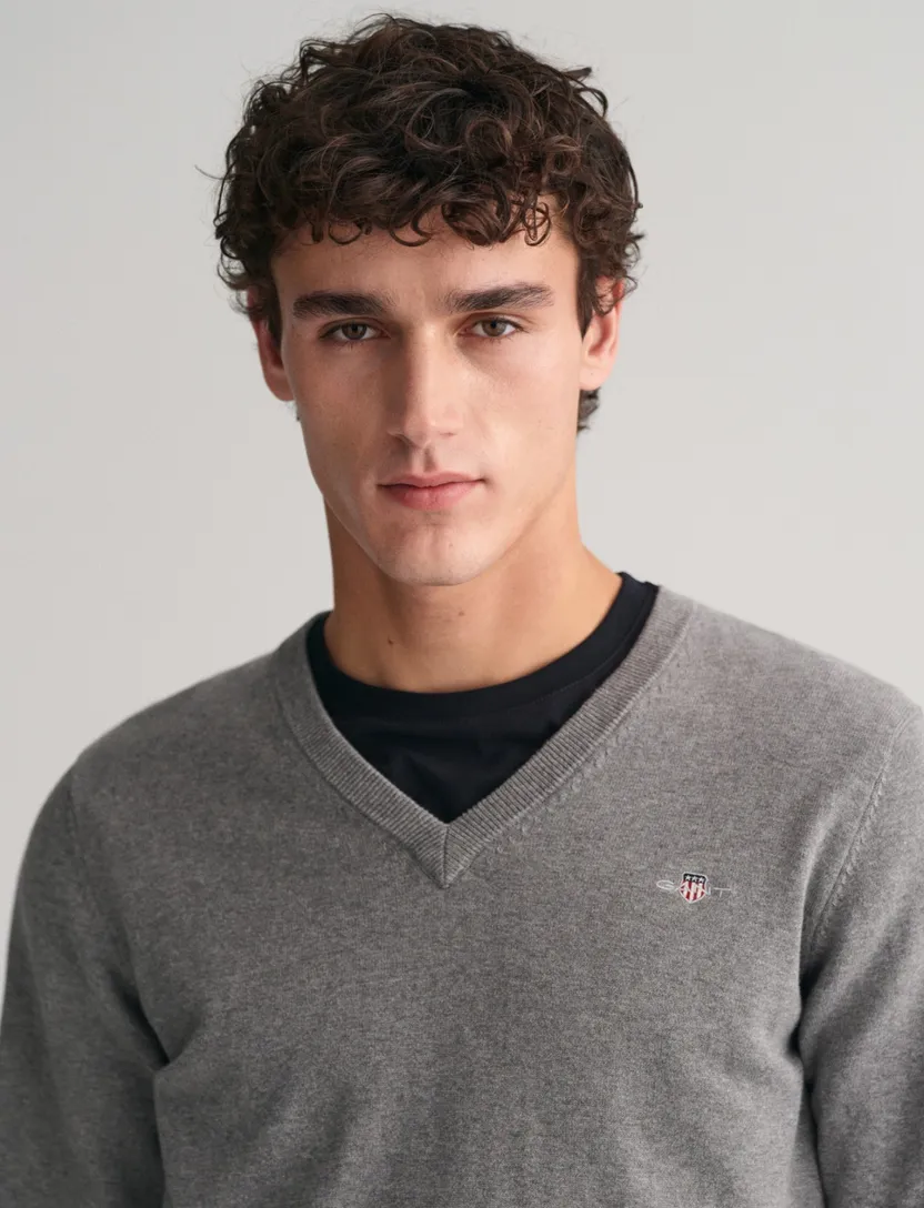 Katoenen Gant sweater v-hals effen grijs