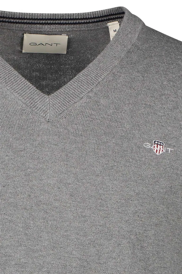Gant sweater v-hals effen grijs katoen normale fit