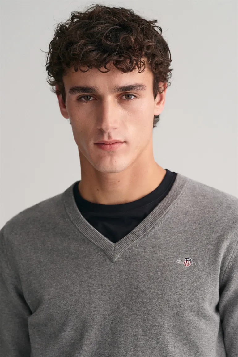 Gant sweater v-hals effen grijs katoen normale fit