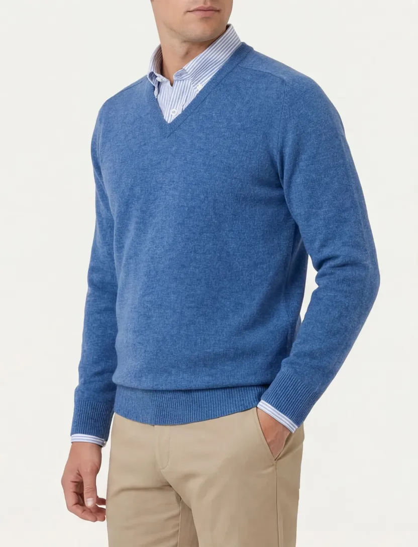 Alan Paine trui jeans classic fit v-hals lamswol