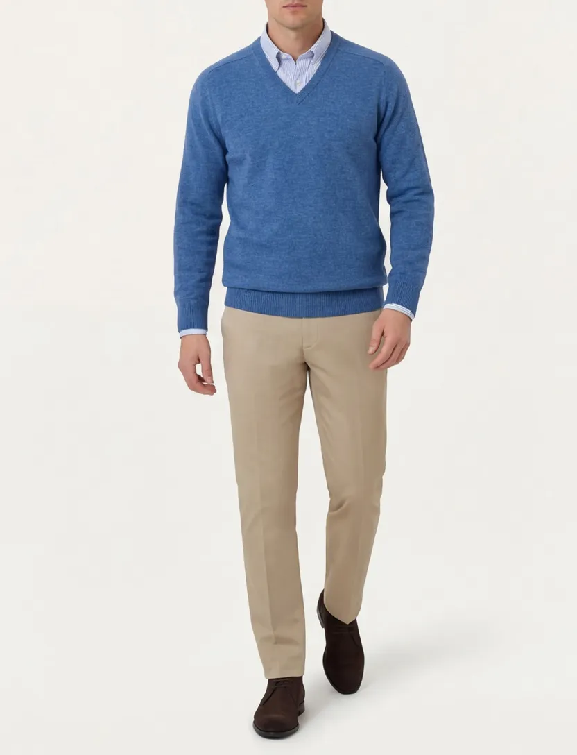 Alan Paine trui jeans classic fit v-hals lamswol