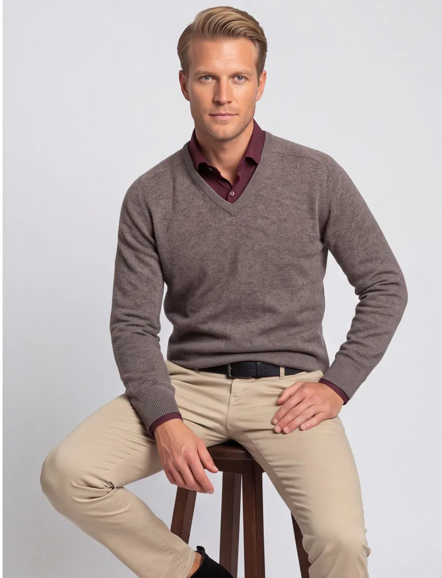 Alan Paine pullover grijs melange classic fit lamswol