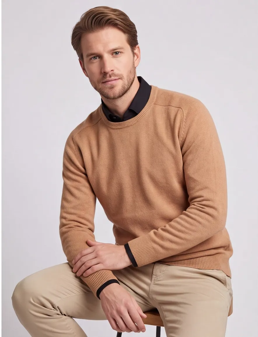 Alan Paine pullover lamswol camel lamswol ronde hals