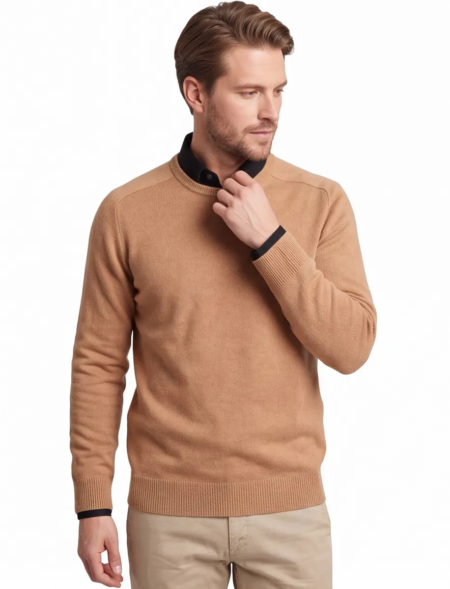Alan Paine pullover lamswol camel lamswol ronde hals