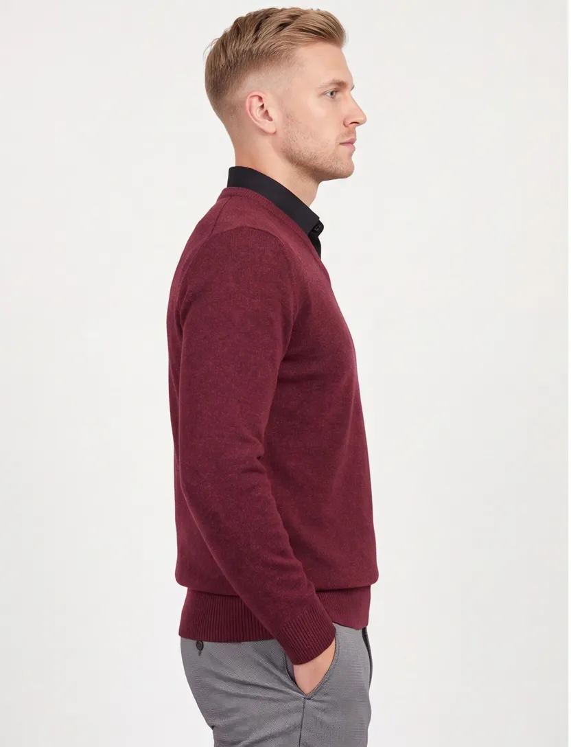 Alan Paine trui v-hals bordeaux wijde fit gemêleerd lamswol