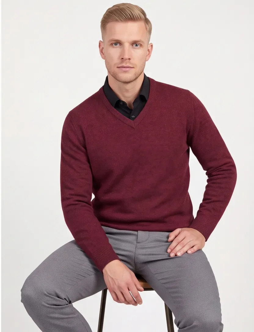 Alan Paine trui v-hals bordeaux wijde fit gemêleerd lamswol