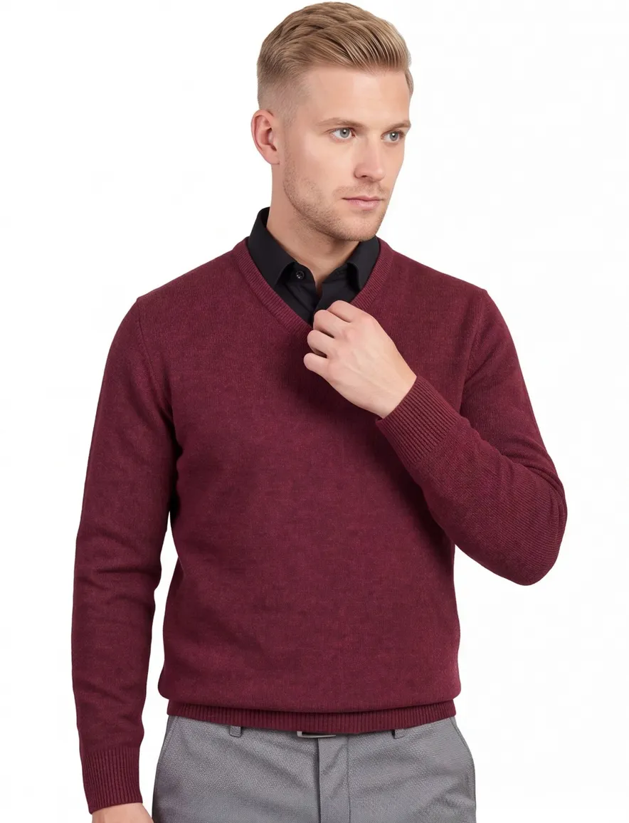 Alan Paine trui v-hals bordeaux effen lamswol wijde fit