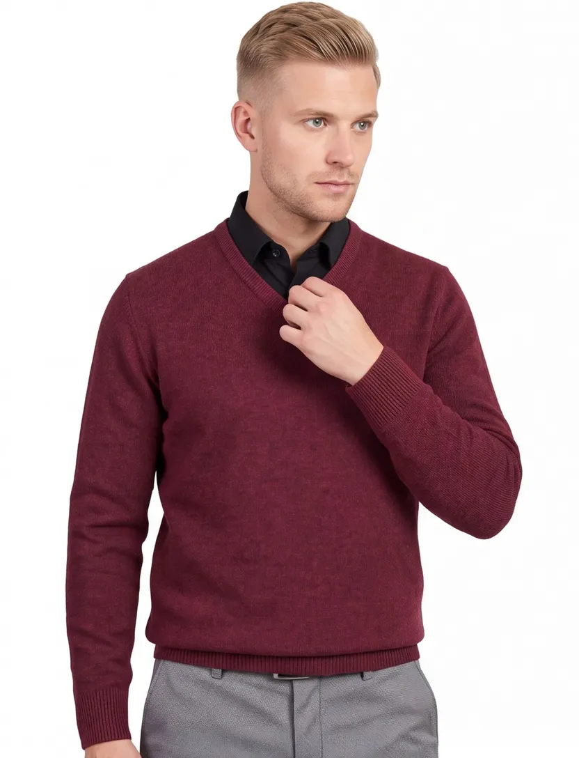 Alan Paine trui v-hals bordeaux wijde fit gemêleerd lamswol