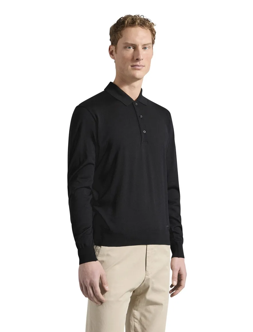 Paul & Shark merino polo lange mouw zwart