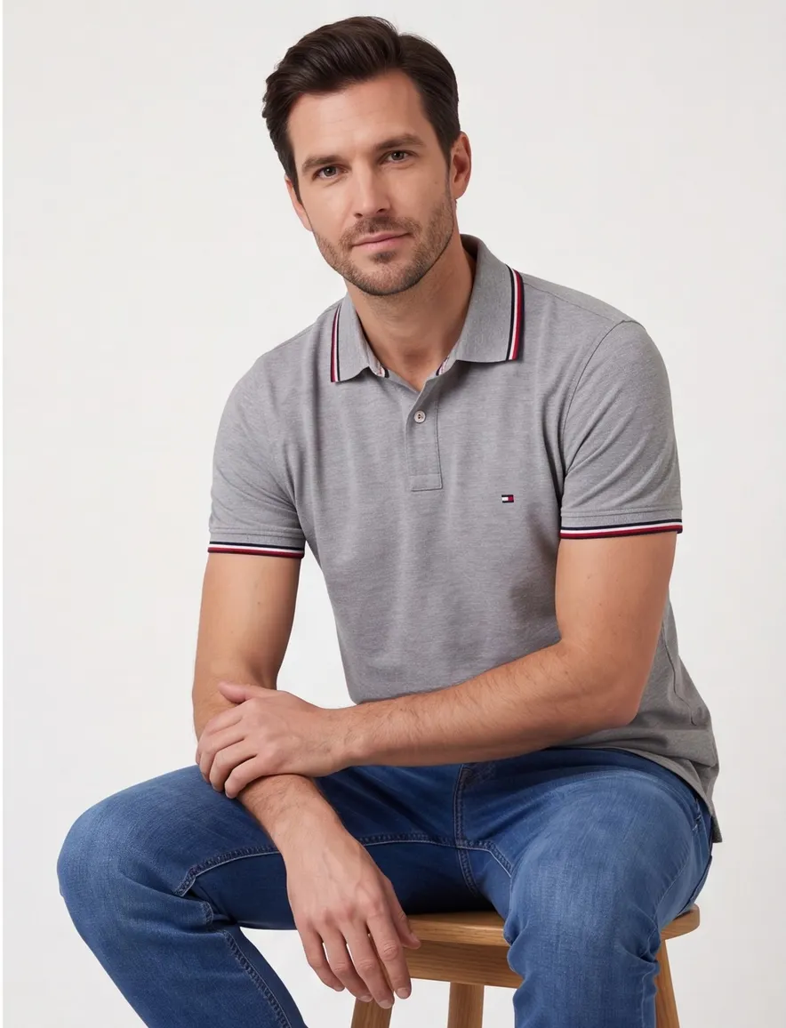 Big & Tall Polo grijs melange Tommy Hilfiger Slim Fit